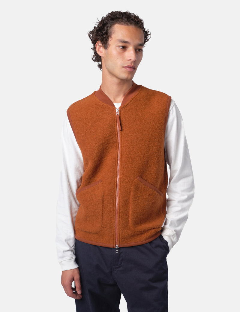 Universal Works Zip Waistcoat (Wool Fleece) - Rust