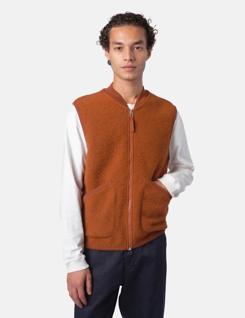 Universal Works Zip Waistcoat (Wool Fleece) - Rust