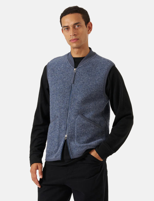 Universal Works Zip Waistcoat (Wool Fleece) - Slate Blue