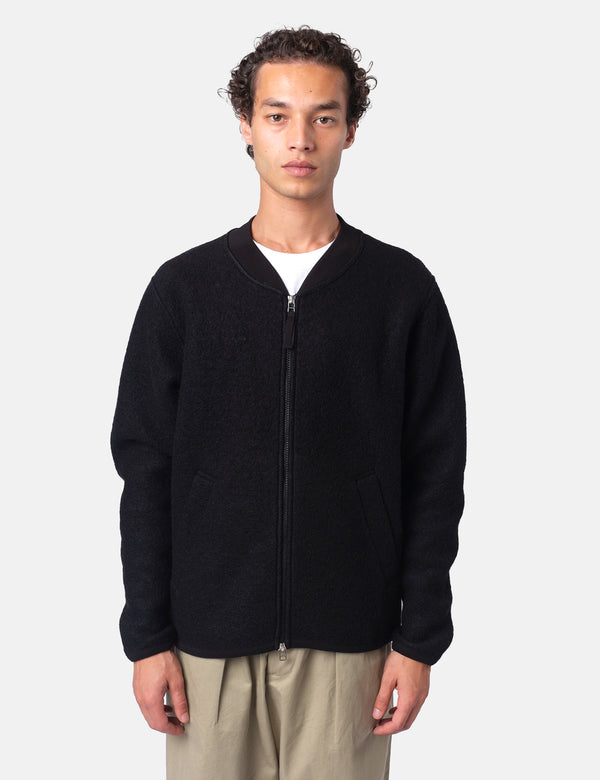 Universal Works Zip Bomber Jacket (Wool Fleece) - Black