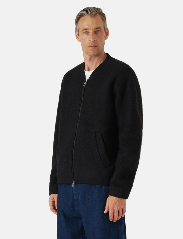 Universal Works Zip Bomber Jacket (Wool Fleece) - Black