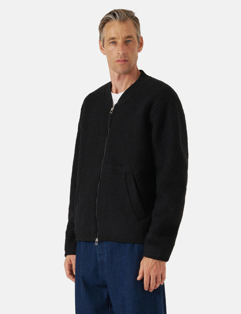 Universal Works Zip Bomber Jacket (Wool Fleece) - Black