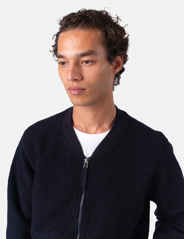 Universal Works Zip Bomber Jacket (Wool Fleece) - Navy Blue