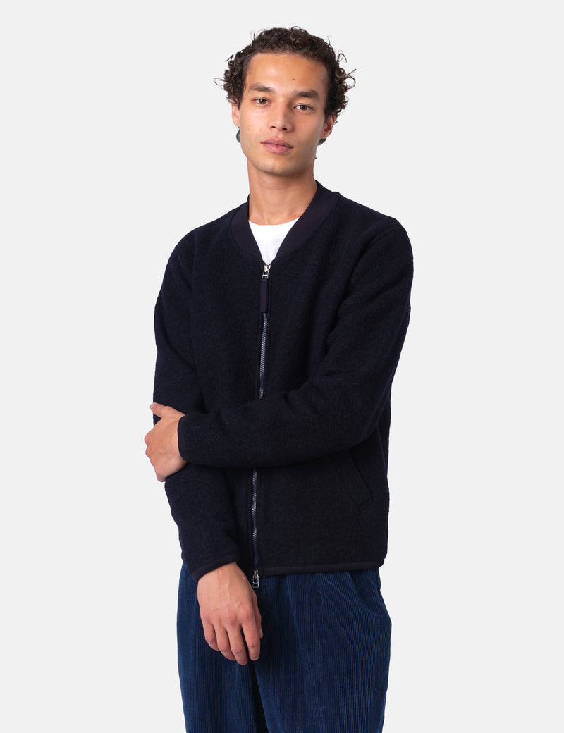 Universal Works Zip Bomber Jacket (Wool Fleece) - Navy Blue