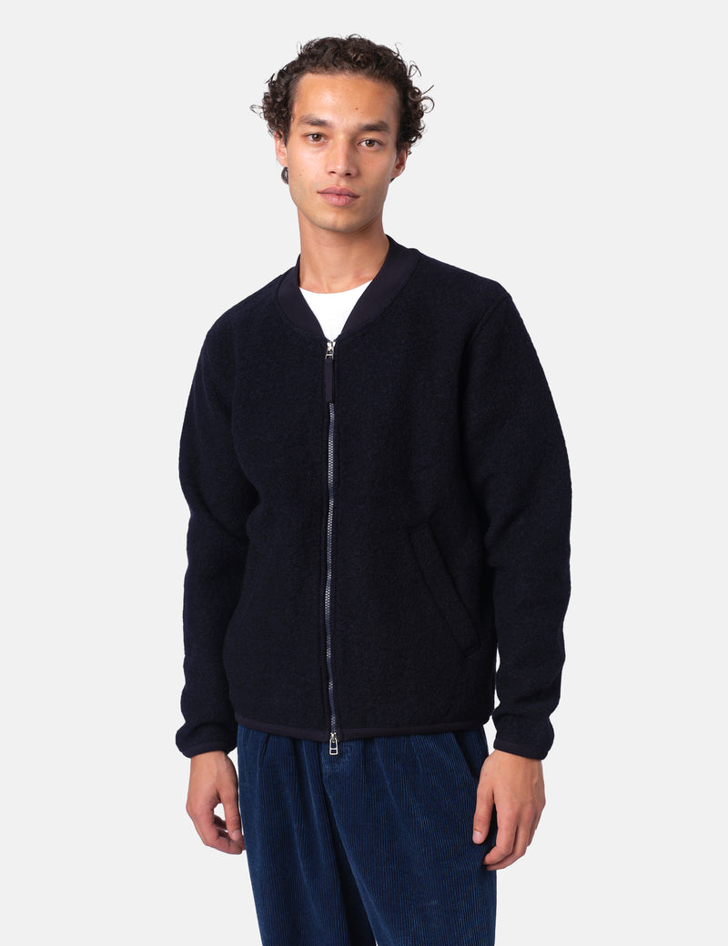 Universal Works Zip Bomber Jacket (Wool Fleece) - Navy Blue