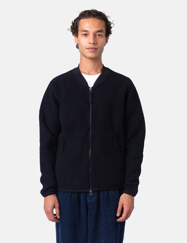 Universal Works Zip Bomber Jacket (Wool Fleece) - Navy Blue