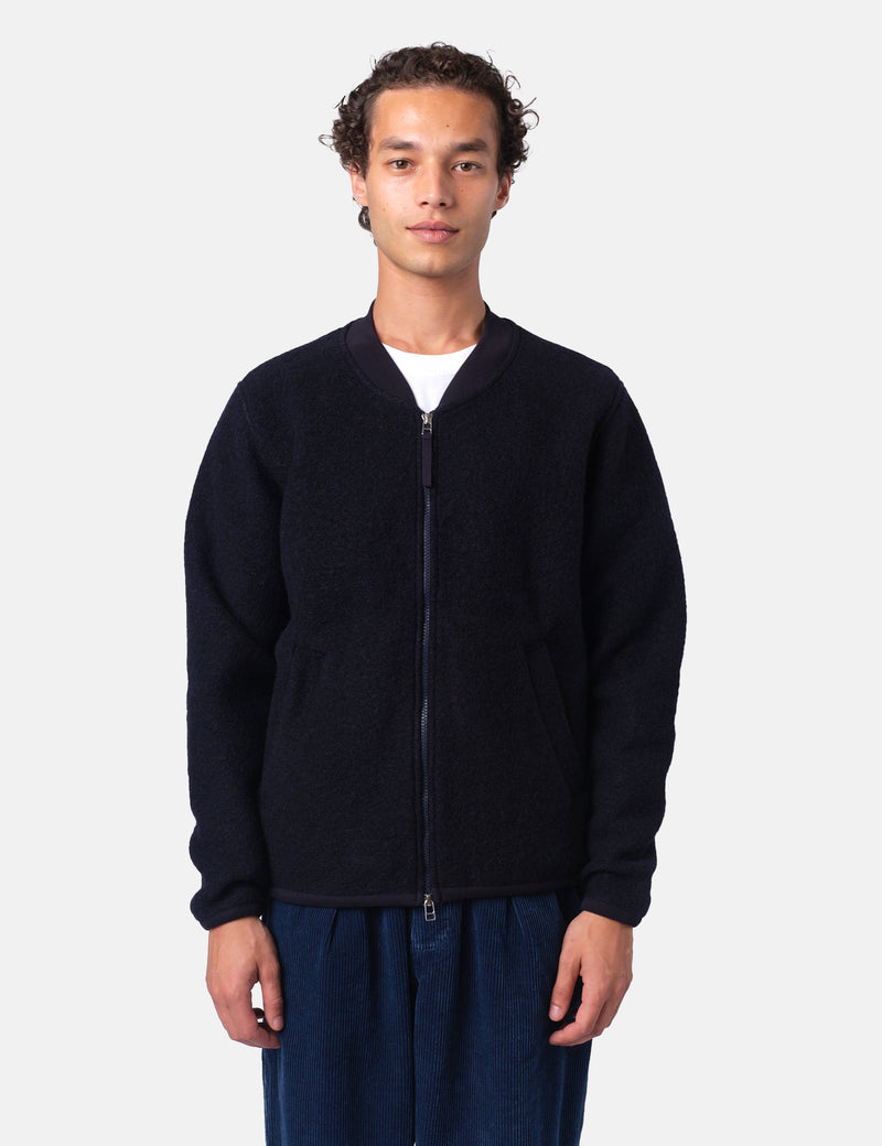 Universal Works Zip Bomber Jacket (Wool Fleece) - Navy Blue