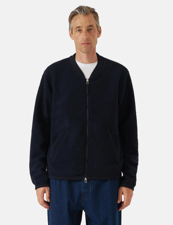 Universal Works Zip Bomber Jacket (Wool Fleece) - Navy Blue