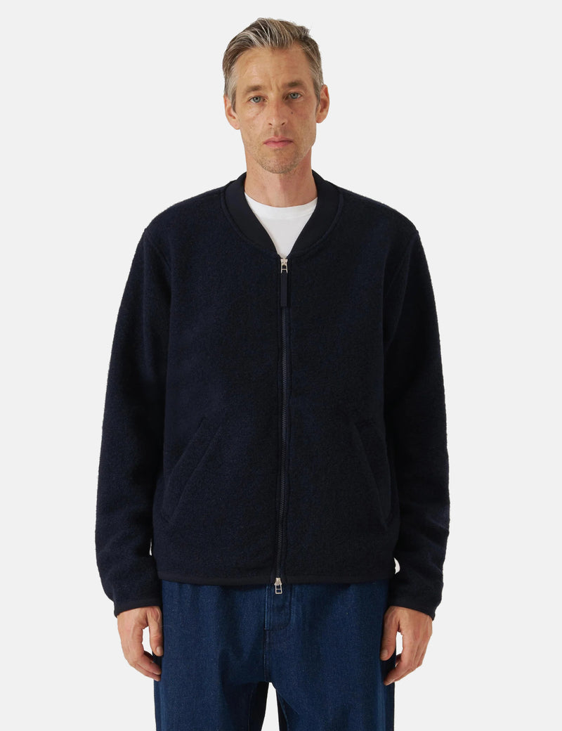 Universal Works Zip Bomber Jacket (Wool Fleece) - Navy Blue