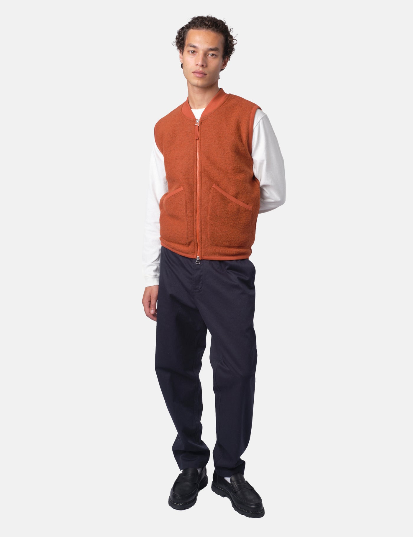 Universal Works Zip Bomber Vest (Wool) - Rust Orange I Article.