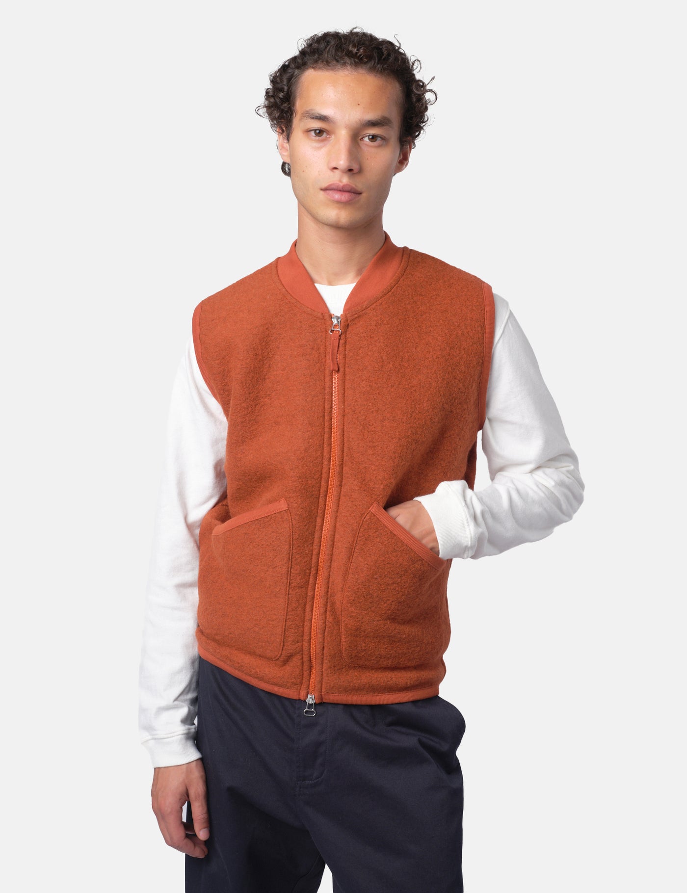 Universal Works Zip Bomber Vest (Wool) - Rust Orange I Article.