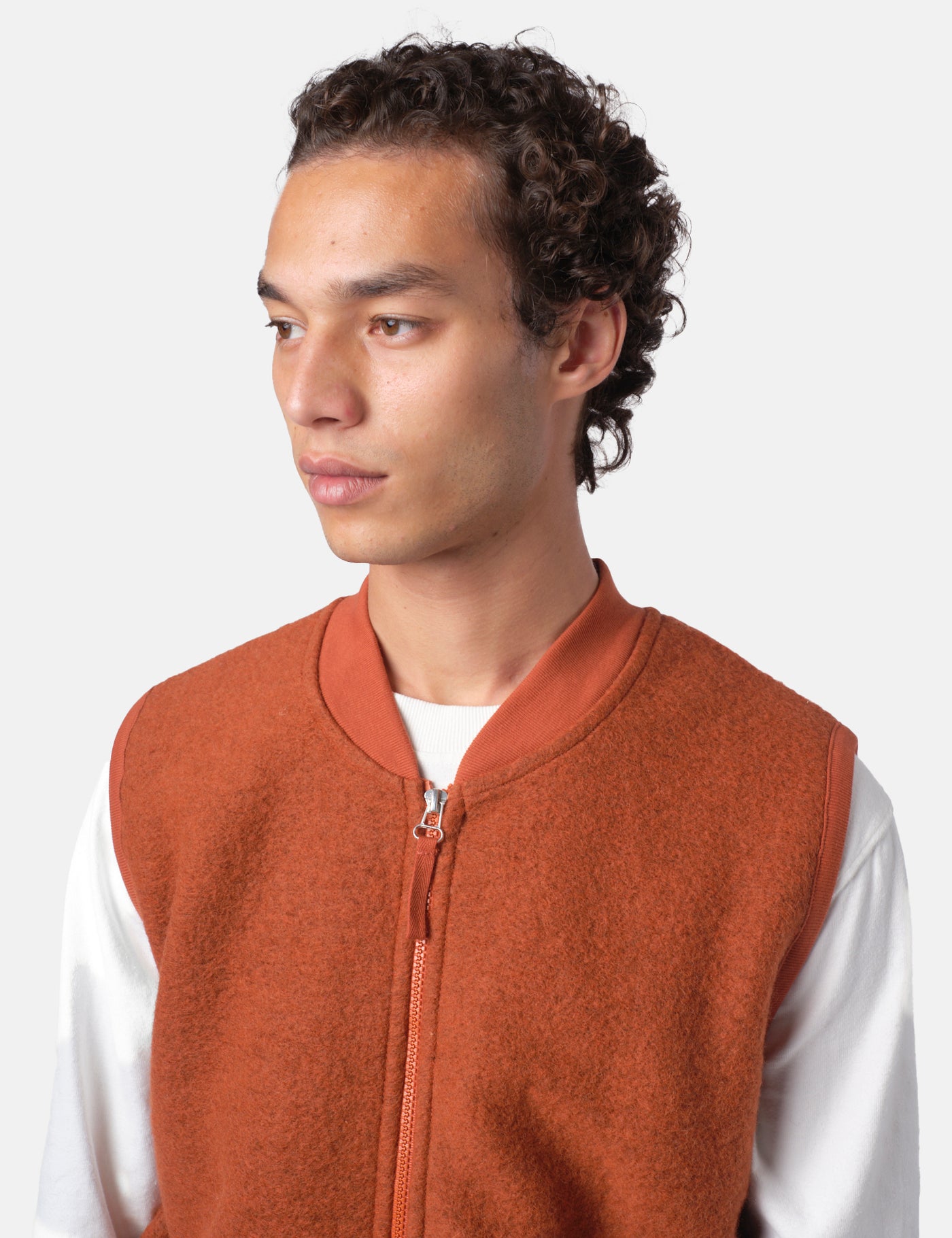 Universal Works Zip Bomber Vest (Wool) - Rust Orange I Article.