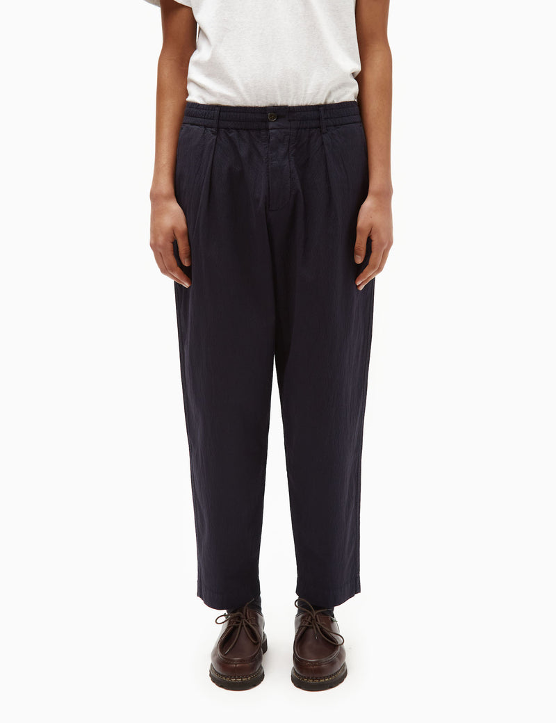 Universal Works Pleated Track Pant (Seersucker) - Navy Blue