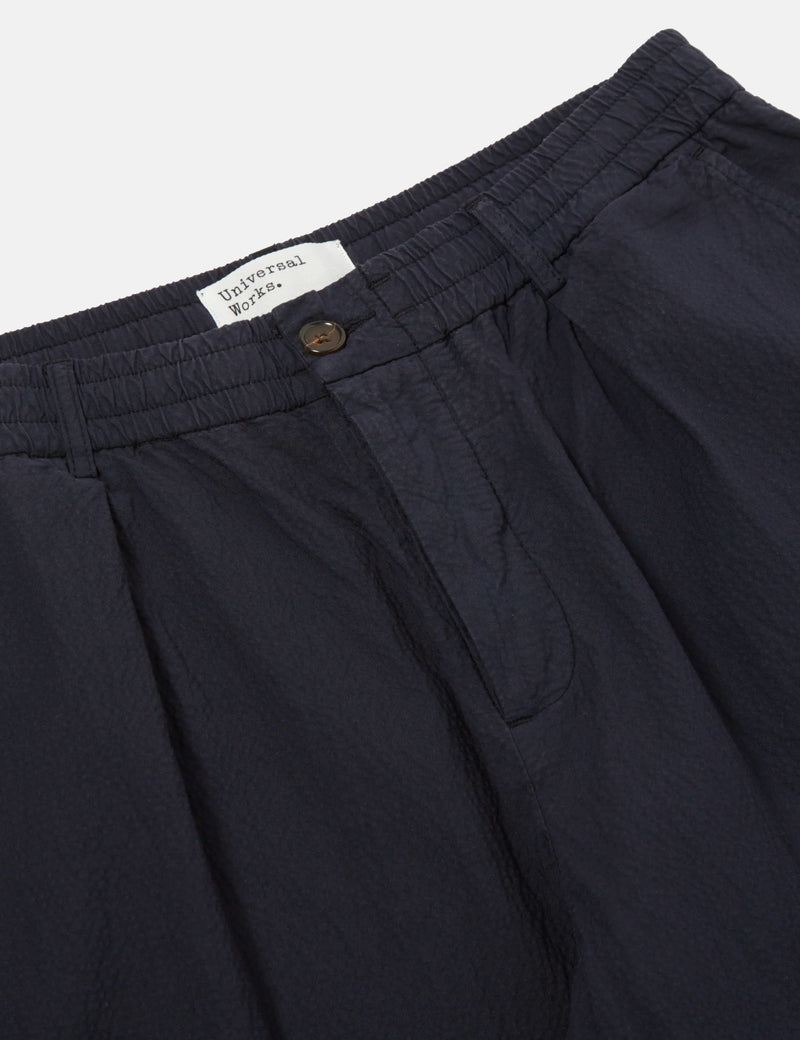 Universal Works Pleated Track Pant (Seersucker) - Navy Blue