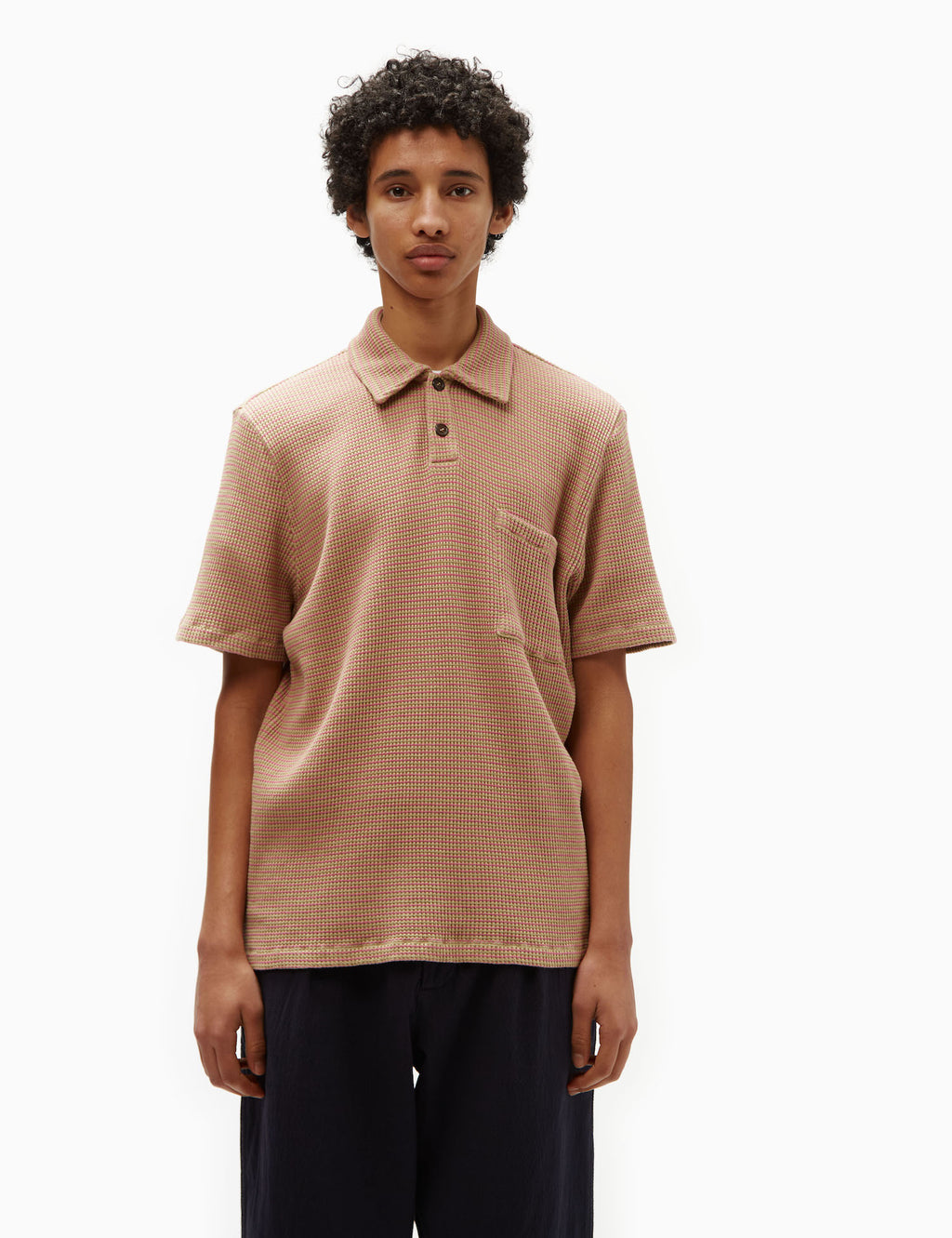 Universal Works Newlyn Fluro Polo Shirt - Summer Oak/Pink | Article.