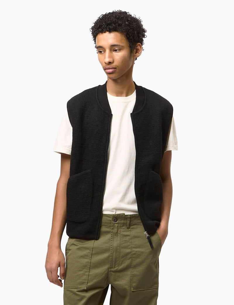 Universal Works Zip Waistcoat (Wool Fleece) - Black