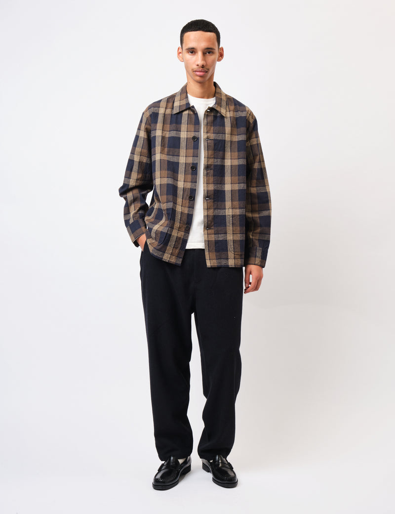 Universal Works Travail Overshirt (Lincot Big Check) - Navy Blue/Brown
