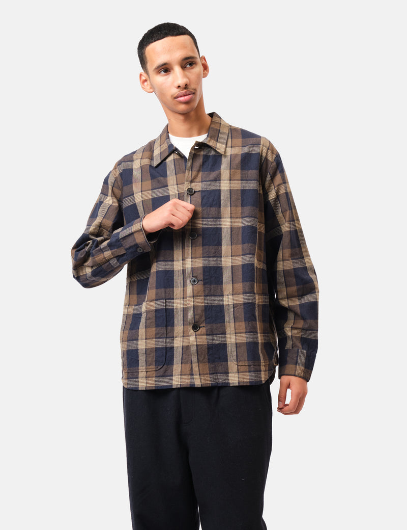 Universal Works Travail Overshirt (Lincot Big Check) - Navy Blue/Brown