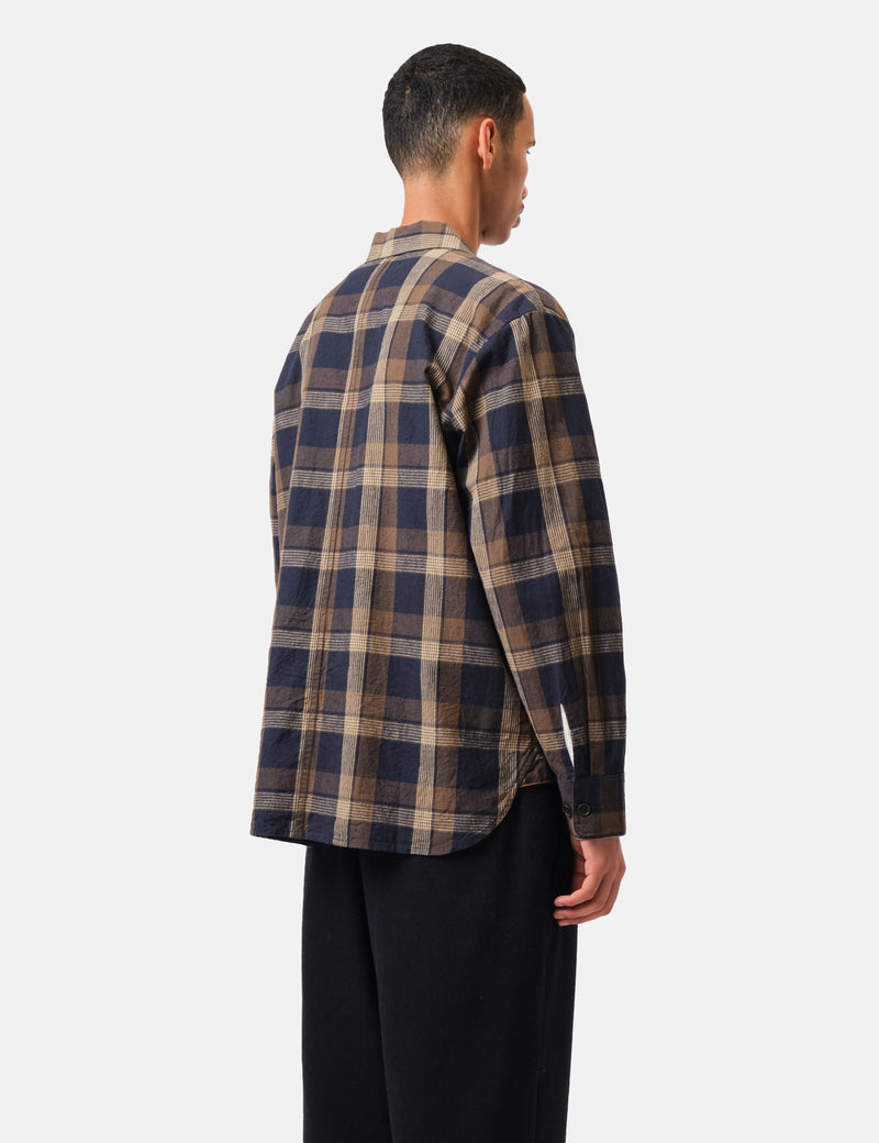 Universal Works Travail Overshirt (Lincot Big Check) - Navy Blue/Brown