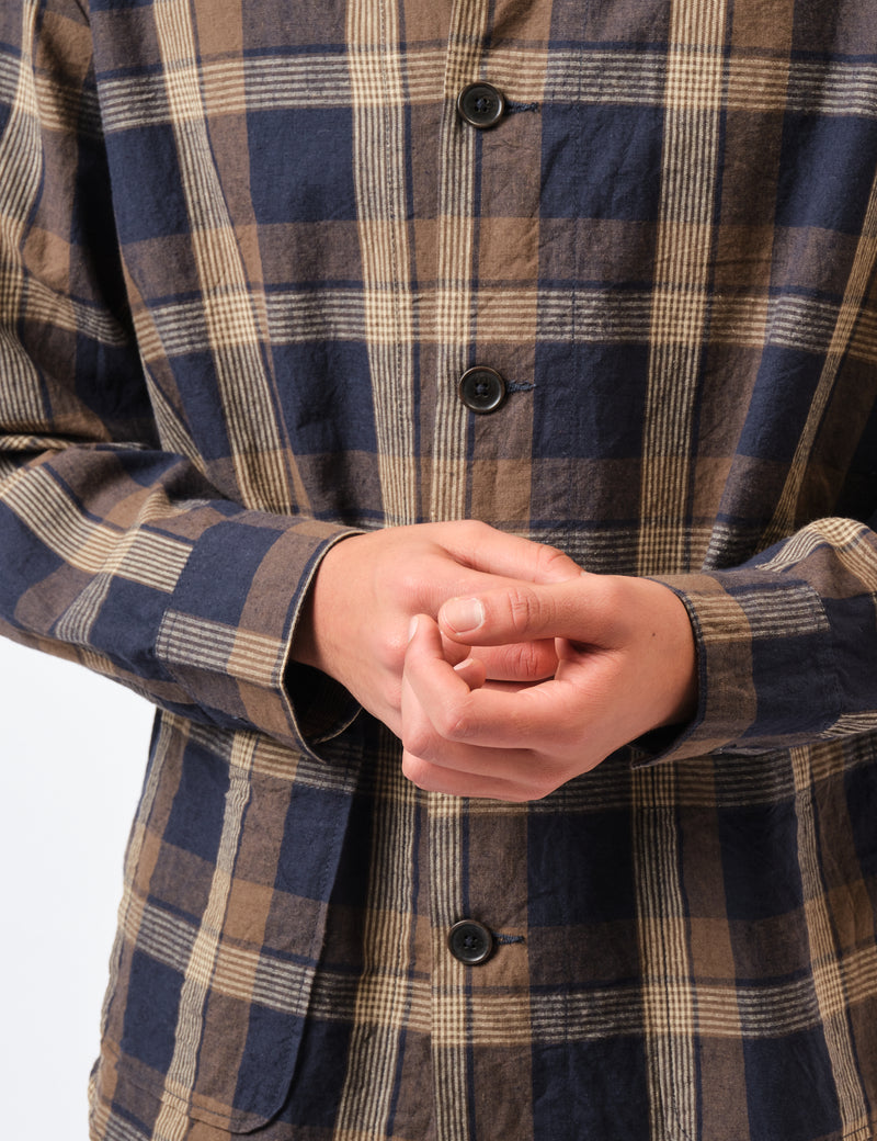 Universal Works Travail Overshirt (Lincot Big Check) - Navy Blue/Brown