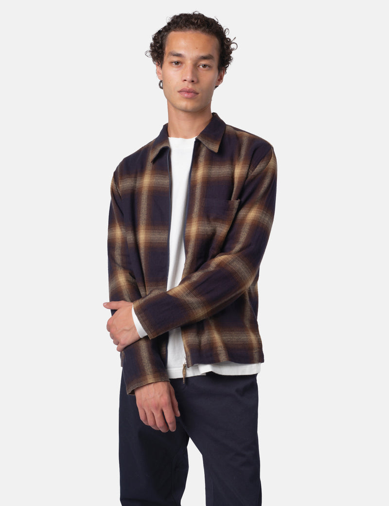 Universal Works Zip Shirt (Canyon Check) - Navy Blue