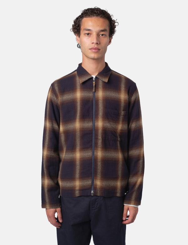 Universal Works Zip Shirt (Canyon Check) - Navy Blue