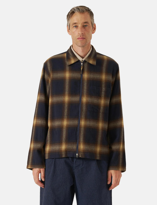 Universal Works Zip Shirt (Canyon Check) - Navy Blue