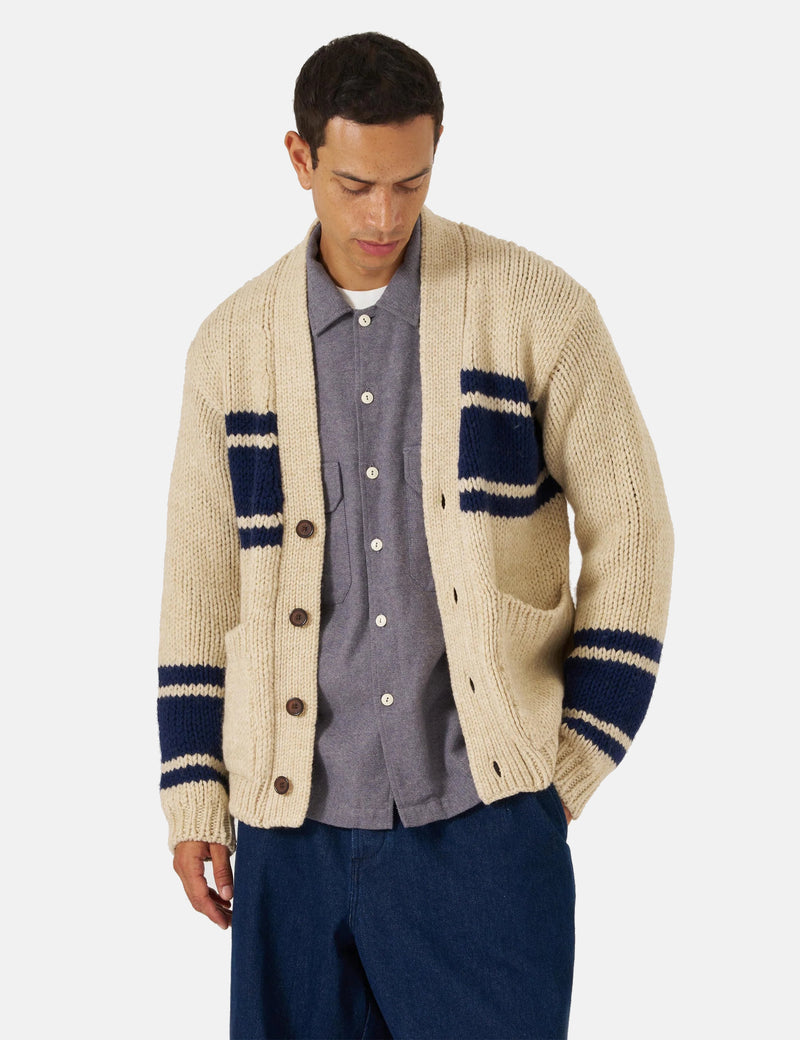 Universal Works Langdale Cardigan (Chunky Knit Stripe) - Sand