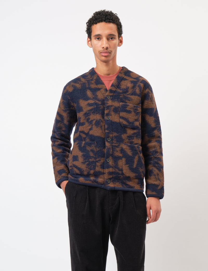 Universal Works Cardigan (Studio Fleece) - Navy/Brown
