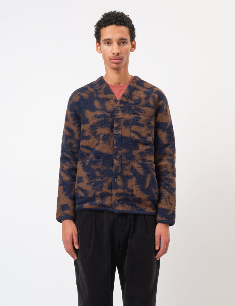 Universal Works Cardigan (Studio Fleece) - Navy/Brown