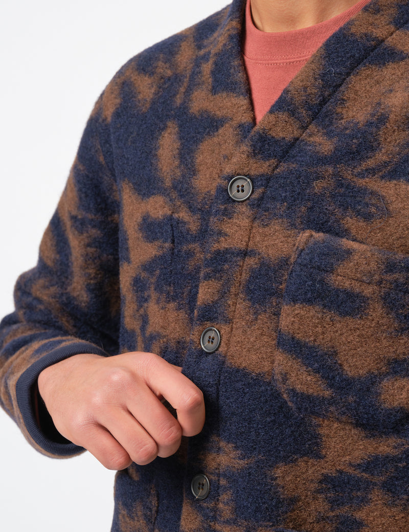 Universal Works Cardigan (Studio Fleece) - Navy/Brown