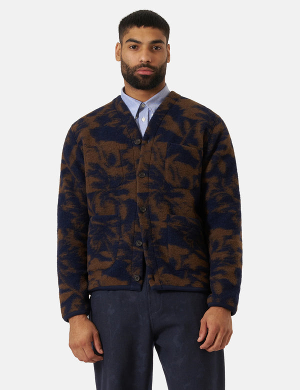 Universal Works Cardigan (Studio Fleece) - Navy/Brown