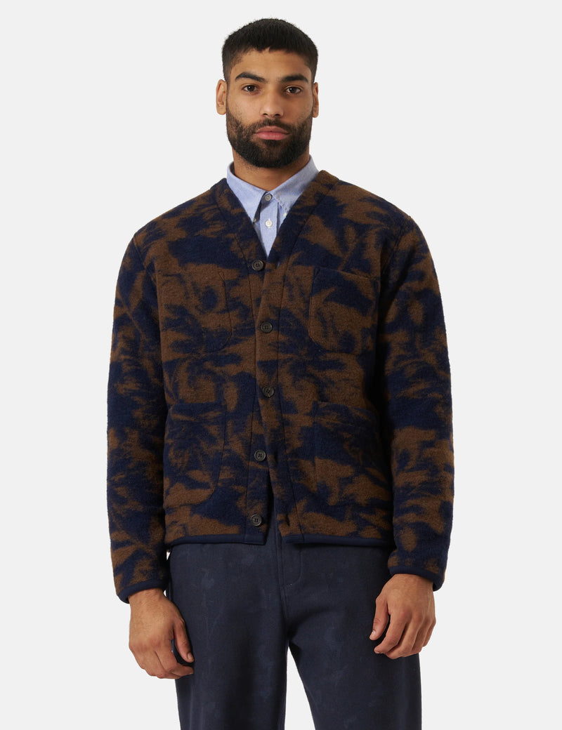 Universal Works Cardigan (Studio Fleece) - Navy/Brown