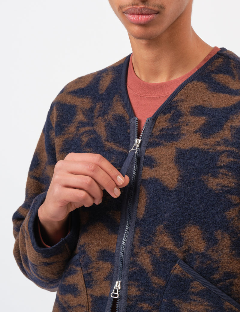 Universal Works Zip Liner Jacket (Studio Fleece) - Navy/Brown