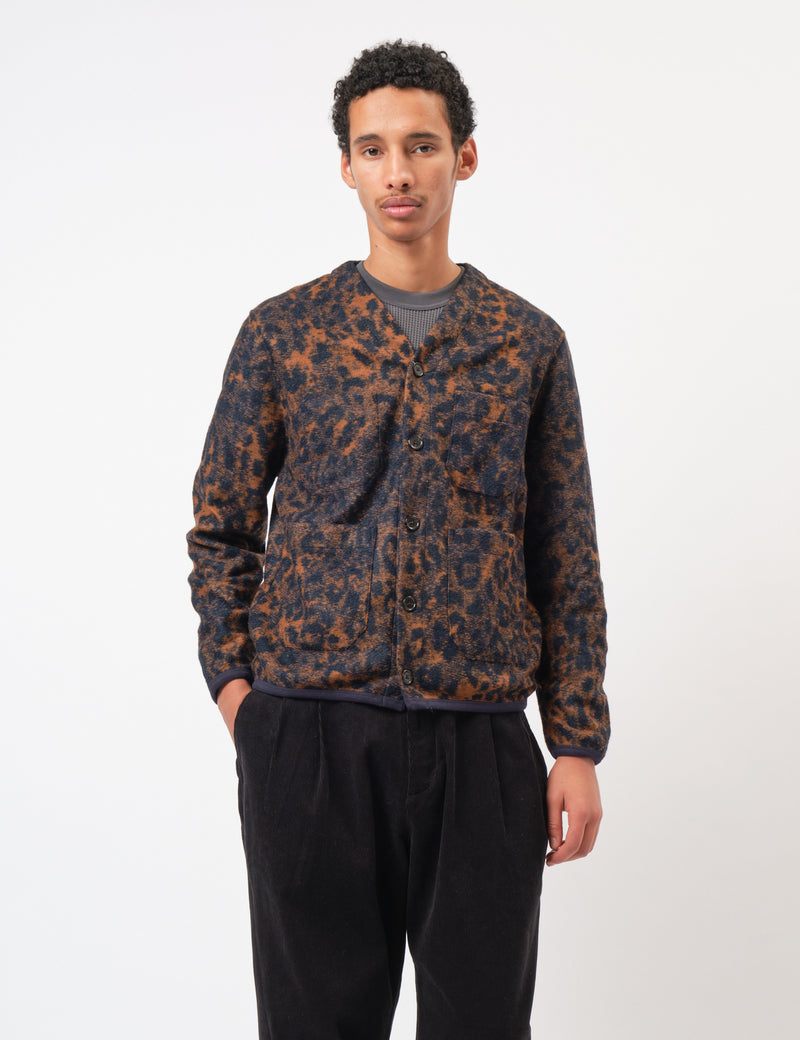Universal Works Cardigan (Night Leopard) - Dark Navy/Brown