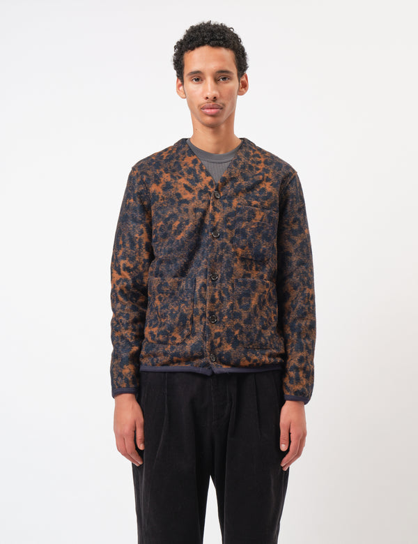 Universal Works Cardigan (Night Leopard) - Dark Navy/Brown