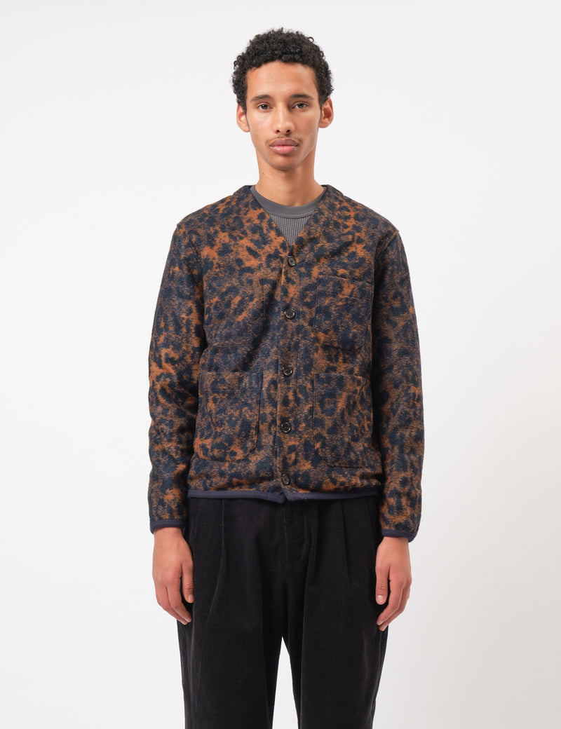 Universal Works Cardigan (Night Leopard) - Dark Navy/Brown
