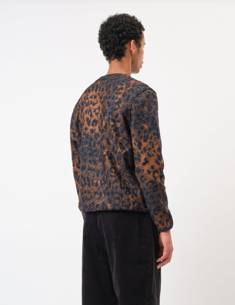 Universal Works Cardigan (Night Leopard) - Dark Navy/Brown