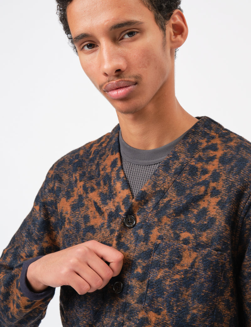 Universal Works Cardigan (Night Leopard) - Dark Navy/Brown