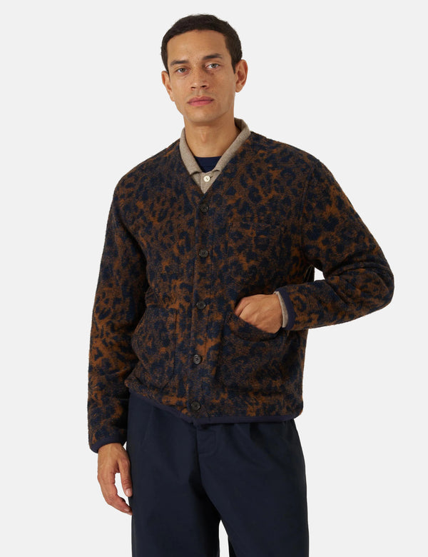 Universal Works Cardigan (Night Leopard) - Dark Navy/Brown