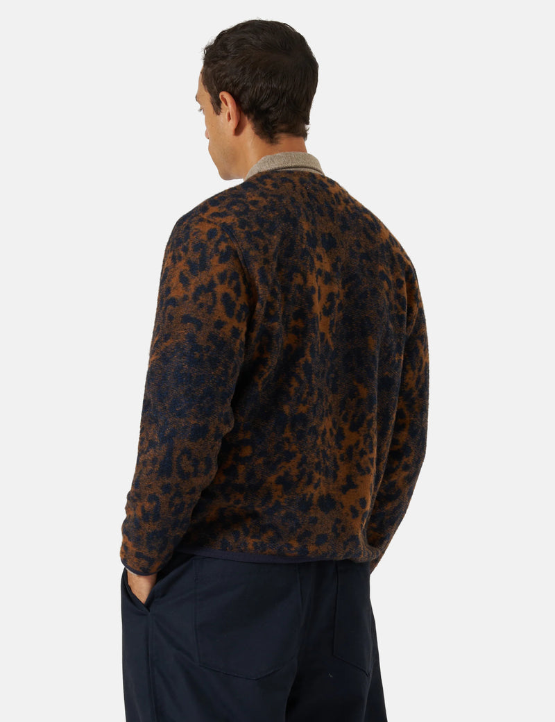 Universal Works Cardigan (Night Leopard) - Dark Navy/Brown