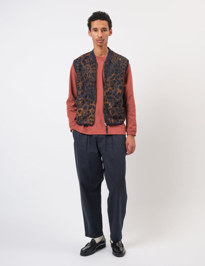Universal Works Zip Waistcoat (Night Leopard) - Dark Navy/Brown