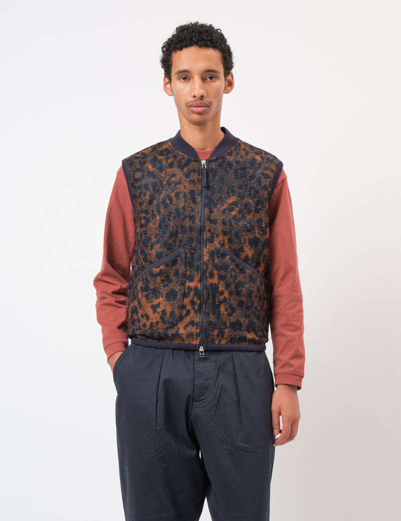 Universal Works Zip Waistcoat (Night Leopard) - Dark Navy/Brown
