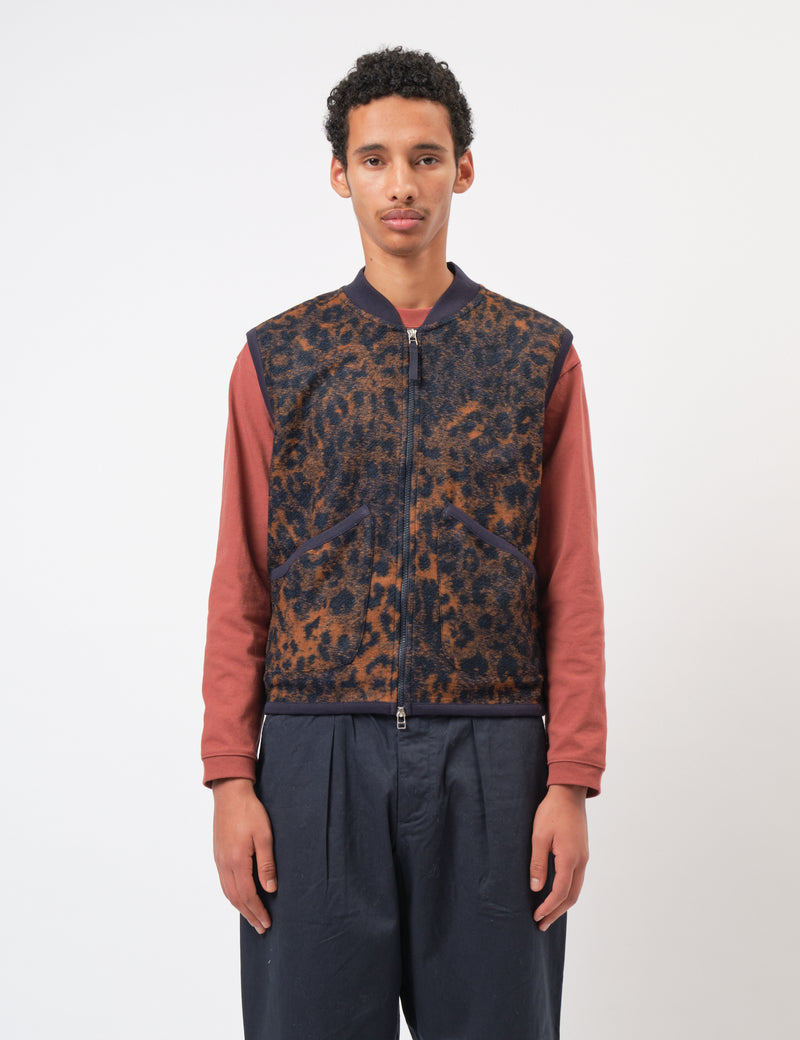Universal Works Zip Waistcoat (Night Leopard) - Dark Navy/Brown