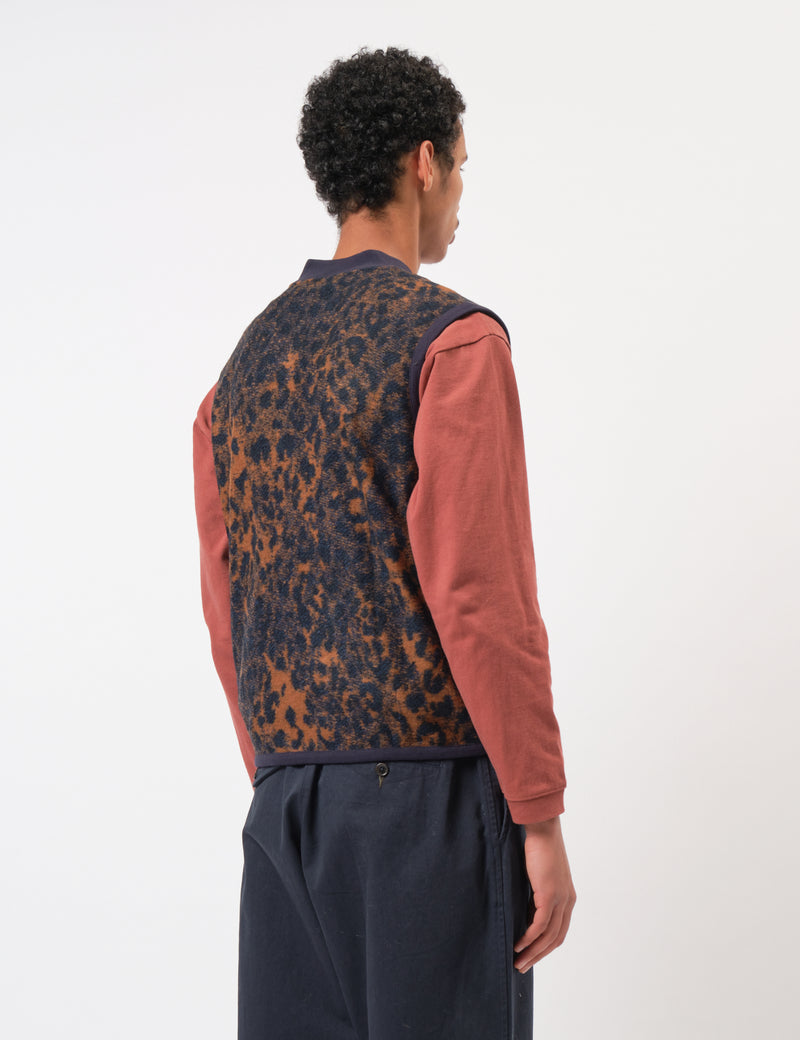 Universal Works Zip Waistcoat (Night Leopard) - Dark Navy/Brown