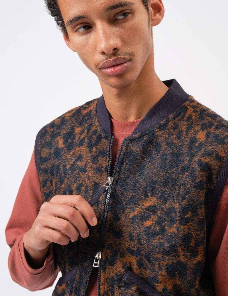 Universal Works Zip Waistcoat (Night Leopard) - Dark Navy/Brown
