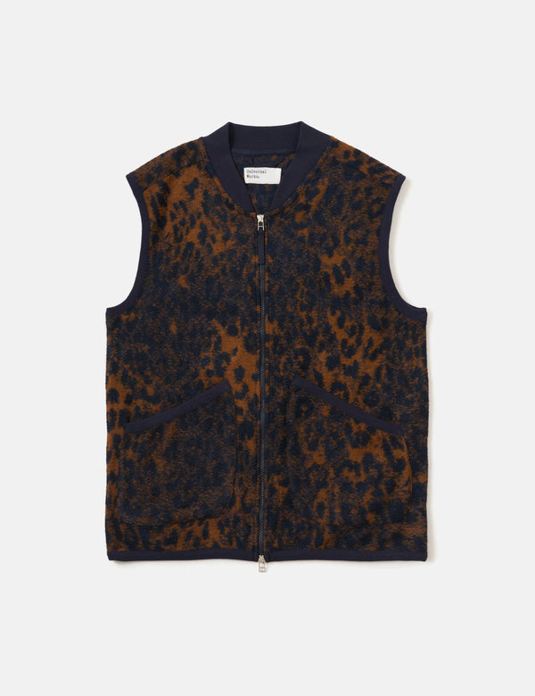 Universal Works Zip Waistcoat (Night Leopard) - Dark Navy/Brown