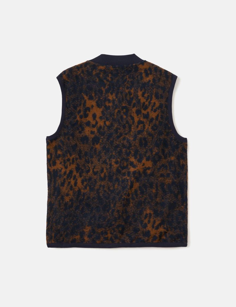 Universal Works Zip Waistcoat (Night Leopard) - Dark Navy/Brown