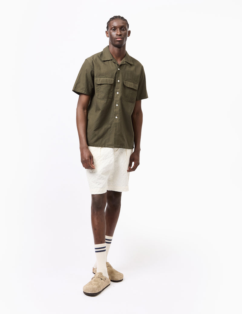 Beams Plus Open Collar Panama Shirt (Cotton/Linen) - Olive Green