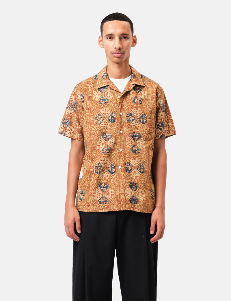 Beams Plus Open Collar Block Print - Brown